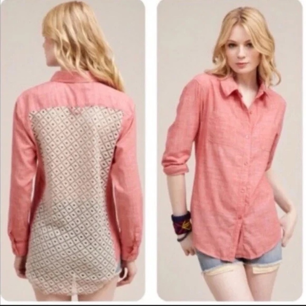 Free People Coral Button-Down Shirt with Geometric Back